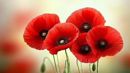 Poster - Vibrant red poppies with delicate petals in a soft background