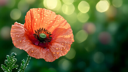 Poster - Vibrant poppy flower adorned with droplets in a lush green background