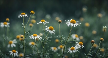 Sticker - Wild Chamomile Plants in Focus Against a Soft Blurred Background with Rich Green Tones and Space for Text Overlay.