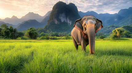 Poster - Majestic elephant walking through lush green landscape with mountains in background