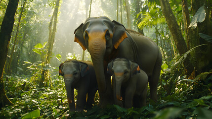 Poster - A family of elephants in a lush, green jungle setting