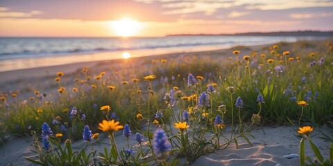 Poster - Scenic Beach Sunset with Vibrant Wildflowers and Open Space for Text Ideal for Nature and Landscape Themes