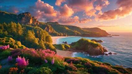 Poster - Serene Coastal Landscape with Vibrant Flowers and Sunset Over Peninsula Bay