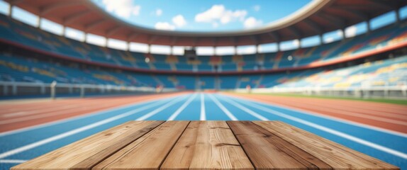 Wall Mural - Wood Tabletop in Foreground with Blurred Sport Stadium Running Track Background for Product Display and Text Overlay Opportunities