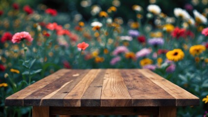 Sticker - Rustic Wooden Table Surface with Vibrant Blurred Flower Garden Background Ideal for Marketing and Design Projects