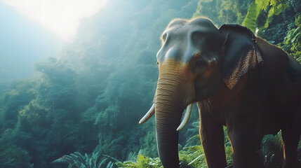 Poster - Elephant standing in a lush, green forest with soft sunlight filtering through