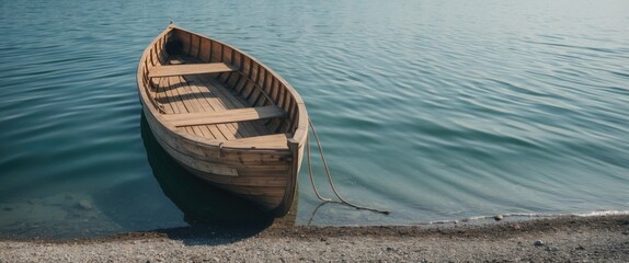 Wall Mural - Wooden Boat on Serene Lake Shore with Tranquil Waters and Clear Space for Text or Graphics