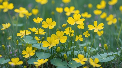 Wall Mural - Vibrant Yellow Clovers in Bloom Surrounded by Lush Greenery in a Bright Flower Meadow Scene