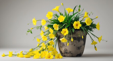 Wall Mural - Vibrant Yellow Flowers in Rustic Stone Pot with Abundant Greenery and Room for Text Space on Neutral Background