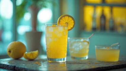 Wall Mural - Refreshing Yellow Citrus Drink Displayed in Glasses with Lemon Garnish and Soft Focus Background