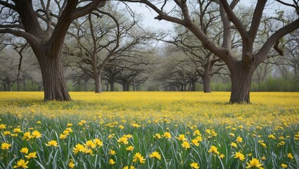 Wall Mural - Yellow Flower Meadow With Bare Oak Trees in Springtime and Vast Empty Space for Text or Copy In Background