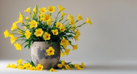 Wall Mural - Vibrant Yellow Flowers in Stone Pot with Abundant Foliage and Blank Space for Text Overlay