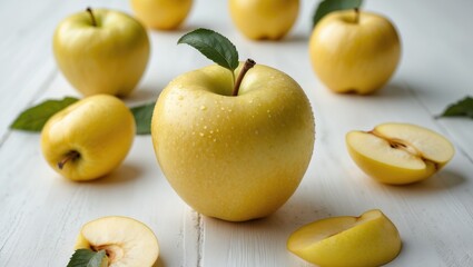 Poster - Golden Apples with Fresh Green Leaves on White Wooden Surface, Showcasing Whole and Sliced Fruit in an Appealing Arrangement