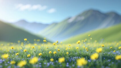 Wall Mural - Scenic Alpine Meadow Filled With Vibrant Yellow Flowers Against Majestic Mountain Landscape Under Clear Blue Sky