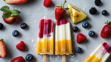 Poster - Yogurt Popsicles with Fresh Fruits and Colorful Toppings Surrounded by Various Berries and Apple Slices with Empty Space for Text