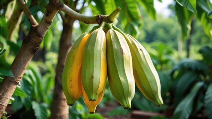 Poster - Ripening Bananas Hanging From Tree Branch Surrounded By Lush Green Foliage In Natural Garden Setting