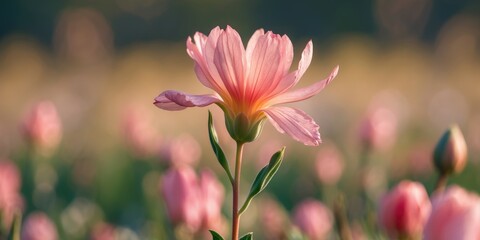 Sticker - Close-up of a delicate pink flower in a soft-focus floral background with ample space for adding custom text or captions.