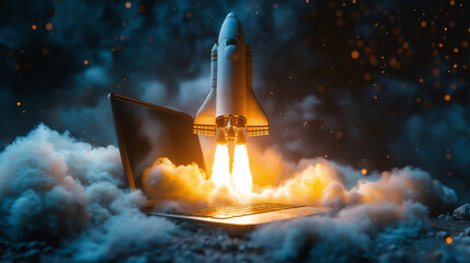 Poster - Startup business concept, rocket launch . Generative AI