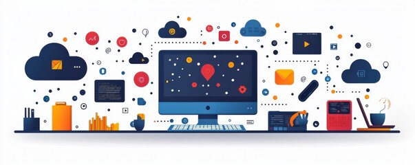 Poster - Innovative office illustration featuring cloud computing and modern digital tools