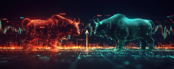 Poster - Illuminated bull and bear holograms facing off with stock market graphics