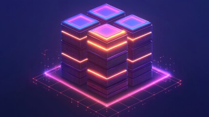 Poster - A vibrant, futuristic 3D representation of stacked data blocks illuminated with neon colors on a digital background.