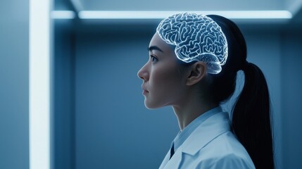 Poster - A woman in a lab coat stands in profile, with a glowing brain illustration above her head, symbolizing technology and neuroscience.