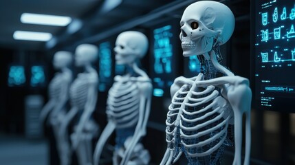 Poster - A row of skeletons displayed in a futuristic environment, with digital screens showcasing anatomical information and medical data in the background.