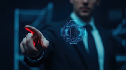 Poster - A professional in a suit interacts with a holographic interface, showcasing advanced technology in a dark environment.