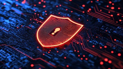 Aufkleber - A glowing shield icon with a question mark, set against a dark, digital background, symbolizes cybersecurity and data protection.
