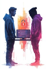 Poster - Two individuals interacting near a computer with a security concept background