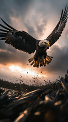 a majestic eagle in flight, with powerful wings spread wide, soaring above the water and creating a 