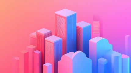 Poster - A vibrant, stylized cityscape with abstract buildings in shades of pink and blue against a soft gradient background.