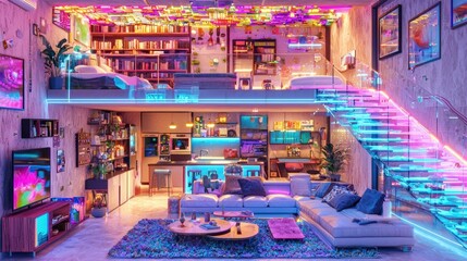 Poster - A neon-lit upside-down house interior with a cyberpunk aesthetic, floating furniture. 3D sci-fi theme, copy space.