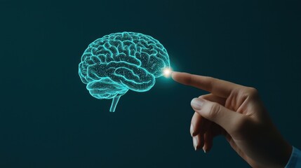 Poster - A glowing digital brain is illuminated by a finger, symbolizing the connection between technology and human cognition.