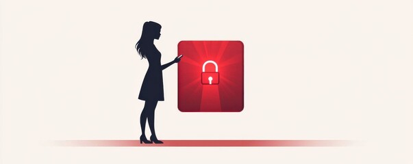 Poster - Silhouette of a Woman Interacting with a Digital Lock Security Icon