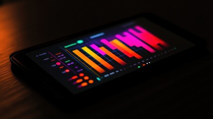 Poster - Smartphone display showing vibrant audio analysis with colorful waveforms and metrics at night