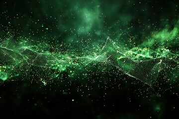 Poster - Abstract green digital network with glittering particle connections on a dark background