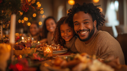 Wall Mural - Happy African American family celebrates holiday dinner