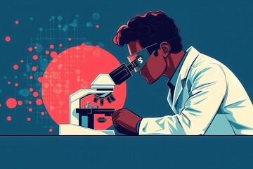Poster - Scientist analyzing samples with microscope in abstract scientific artwork setting