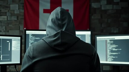 Mysterious figure in hoodie engaged in computer programming with code displayed on multiple monitors in a dimly lit environment