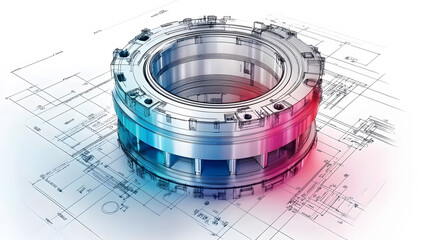 Poster - Futuristic mechanical component with engineering blueprint background