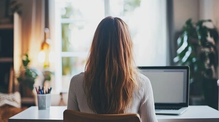 Poster - A woman sitting at a desk in a home office, using a laptop for remote work, minimalist background, copy space.