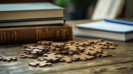 Fototapete - A wooden puzzle with scattered pieces on a school desk, books and pencils nearby, copy space.