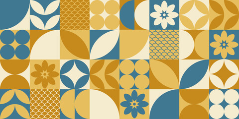 Poster - seamless tile pattern with abstract shapes, geometric plants and petals and waves. decorative graphi