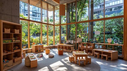 Aufkleber - Bright and airy classroom with large windows, wooden furniture, and no students, copy space.