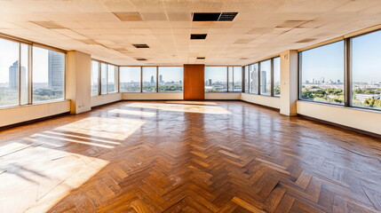 Poster - Spacious Empty Office Interior with Large Windows and City View