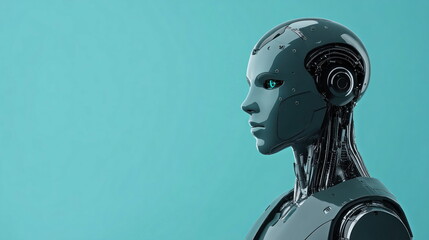Poster - Futuristic humanoid robot with glowing blue eyes on a vibrant background