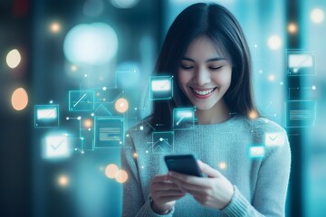 Poster - Smiling Woman Using Smartphone Digital Technology Interface Modern Communication Network Connection Happy Female Person Mobile Phone Email Messaging  