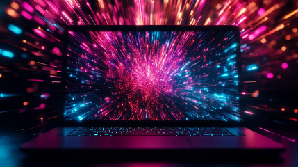 Fototapete - A laptop with vibrant colorful light streaks bursting from the screen, symbolizing digital creativity, technology, and energy. This visual represents the fusion of technology and imagination.