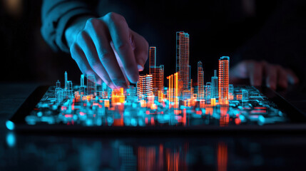 Poster - A hand interacts with a glowing, digital cityscape model, showcasing vibrant lights and structures in a futuristic design.